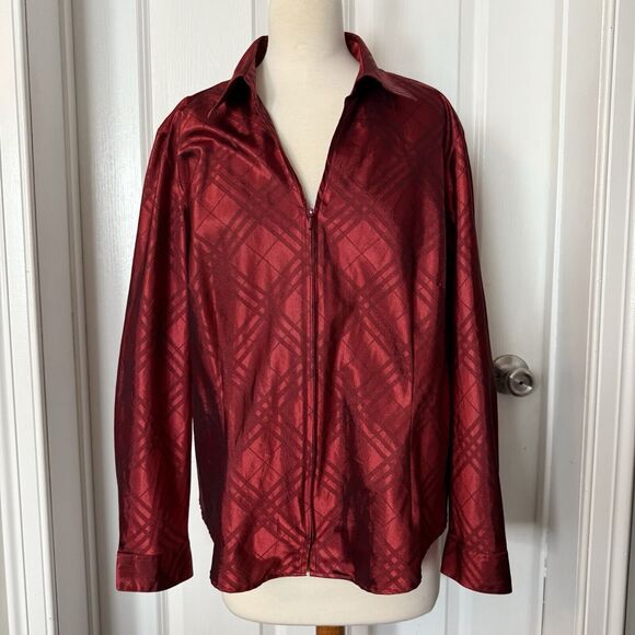 Coldwater Creek Red Zip Front Blouse PXL Plaid Collar Holiday Christmas Shiny - Picture 1 of 11